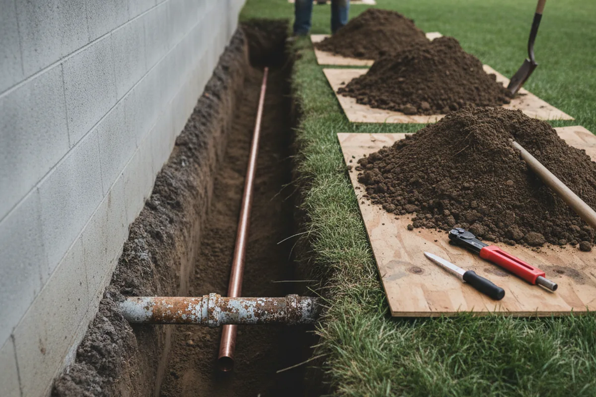 Excavated water line trench during Sewer Line Repair in Shadyside